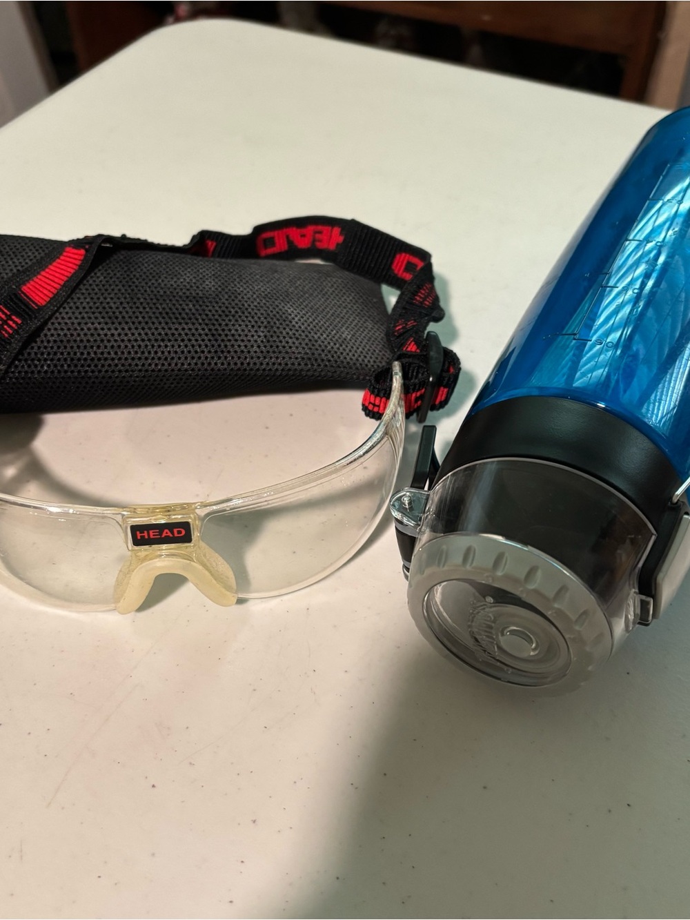 HEAD Clear Safety Goggles with Black and Red Strap and used sports bottle lot
